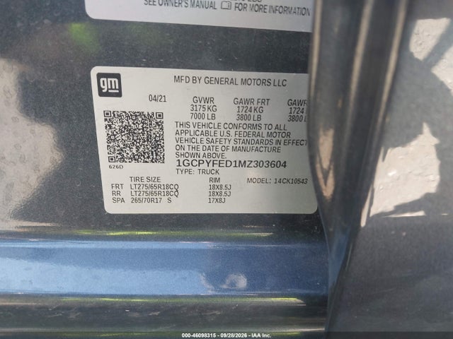 46098315 :رقم المزاد ، 1GCPYFED1MZ303604 vin ، 2021 Chevrolet Silverado 1500 4wd  Short Bed Lt Trail Boss مزاد بيع