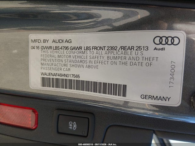 2017 Audi A4 2.0t Premium მანქანა იყიდება აუქციონზე, vin: WAUENAF46HN017565, აუქციონის ნომერი: 46098318