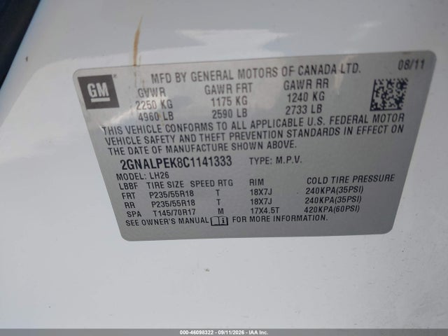 Продаж на аукціоні авто 2012 Chevrolet Equinox 2lt, vin: 2GNALPEK8C1141333, номер лоту: 46098322