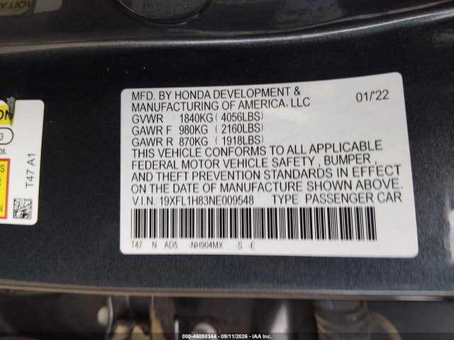 Aukcja sprzedaży 2022 Honda Civic Sport Touring, vin: 19XFL1H83NE009548, numer aukcji: 46098344
