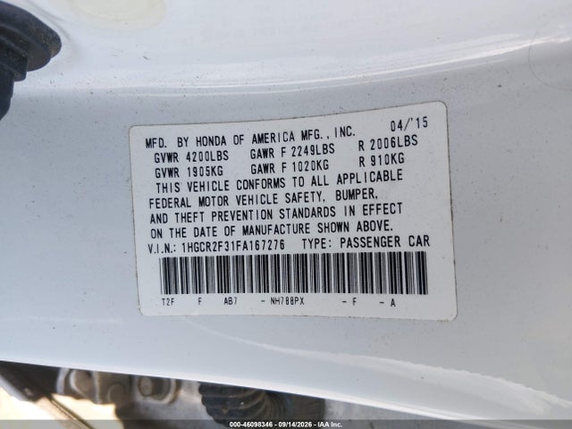 2015 Honda Accord Lx მანქანა იყიდება აუქციონზე, vin: 1HGCR2F31FA167276, აუქციონის ნომერი: 46098346