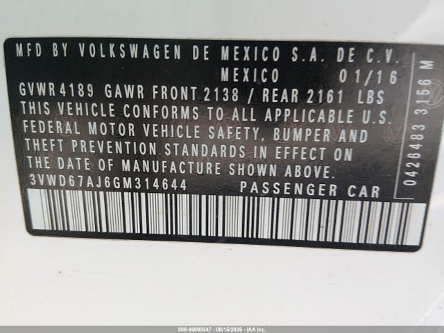 46098347 :رقم المزاد ، 3VWD67AJ6GM314644 vin ، 2016 Volkswagen Jetta 1.4t Se مزاد بيع