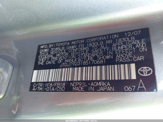 2008 Toyota Yaris მანქანა იყიდება აუქციონზე, vin: JTDJT923185170681, აუქციონის ნომერი: 46098350