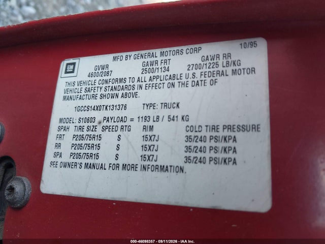 46098357 :رقم المزاد ، 1GCCS14X0TK131376 vin ، 1996 Chevrolet S Truck S10 مزاد بيع