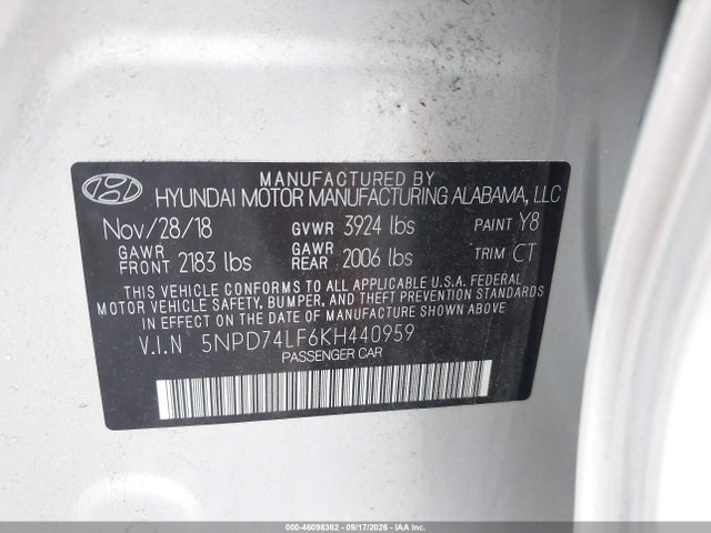 2019 Hyundai Elantra Se მანქანა იყიდება აუქციონზე, vin: 5NPD74LF6KH440959, აუქციონის ნომერი: 46098362