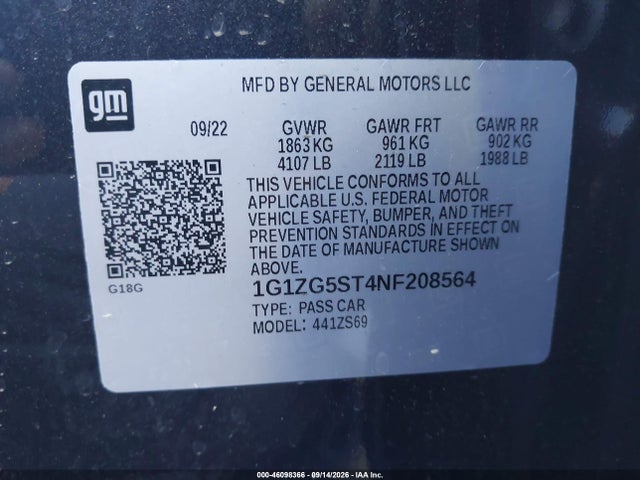 2022 Chevrolet Malibu Fwd Rs მანქანა იყიდება აუქციონზე, vin: 1G1ZG5ST4NF208564, აუქციონის ნომერი: 46098366