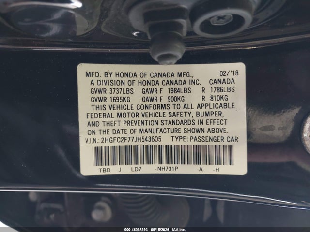 Продаж на аукціоні авто 2018 Honda Civic Ex, vin: 2HGFC2F77JH543605, номер лоту: 46098393