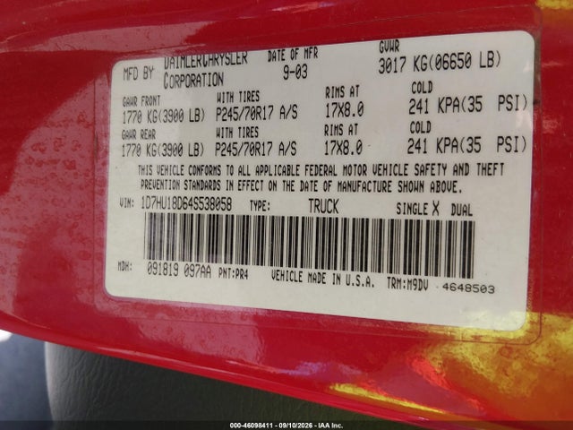Продаж на аукціоні авто 2004 Dodge Ram 1500 St/slt, vin: 1D7HU18D64S538058, номер лоту: 46098411