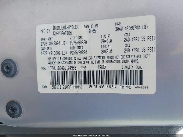 Продаж на аукціоні авто 2006 Dodge Ram 1500 Slt/trx4 Off Road/sport, vin: 1D7HU18246J104955, номер лоту: 46098414