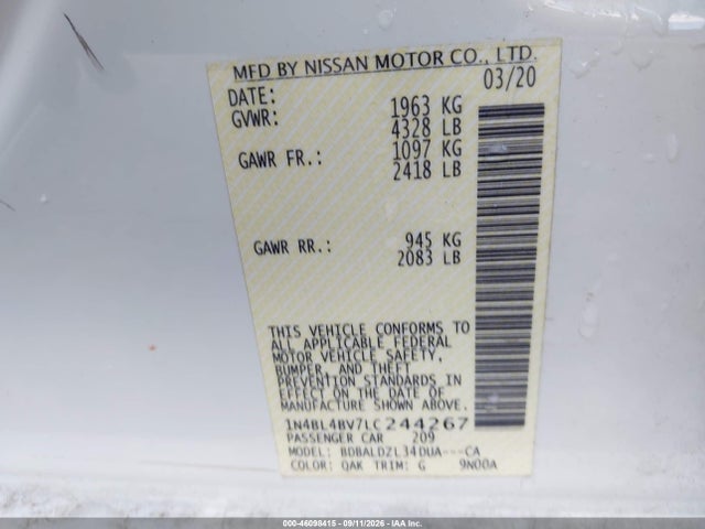 Продаж на аукціоні авто 2020 Nissan Altima S Fwd, vin: 1N4BL4BV7LC244267, номер лоту: 46098415
