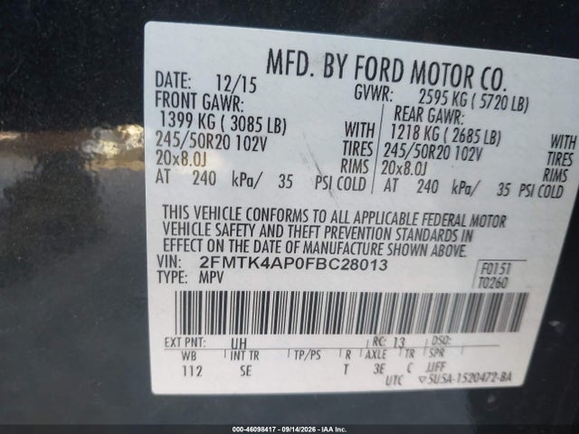 Auction sale of the 2015 Ford Edge Sport, vin: 2FMTK4AP0FBC28013, lot number: 46098417