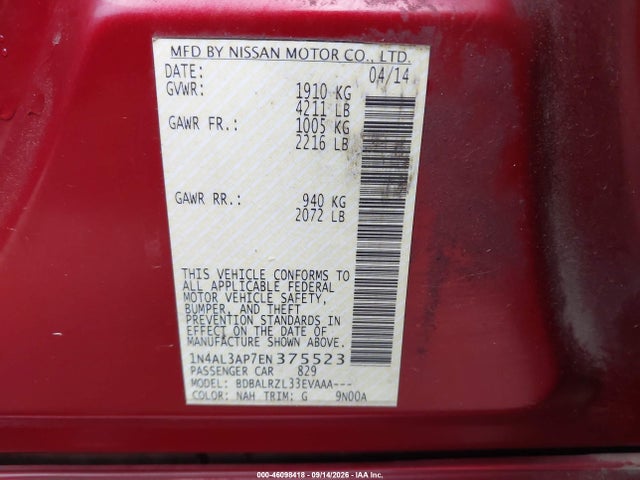 2014 Nissan Altima 2.5/2.5 S/2.5 Sl/2.5 Sv მანქანა იყიდება აუქციონზე, vin: 1N4AL3AP7EN375523, აუქციონის ნომერი: 46098418