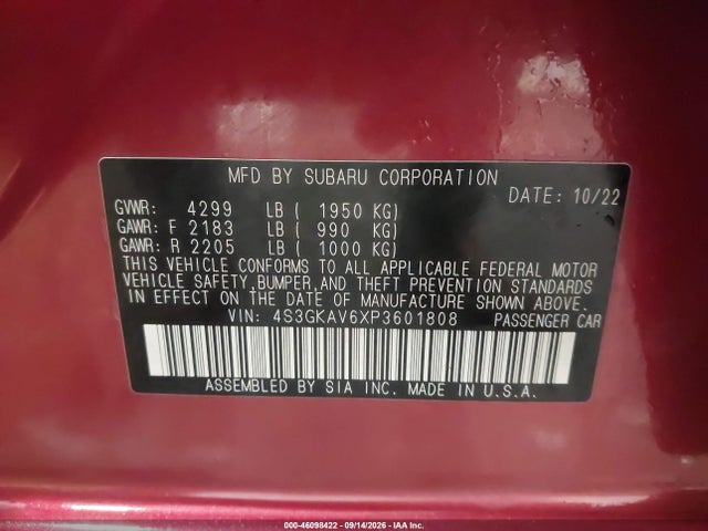 46098422 :رقم المزاد ، 4S3GKAV6XP3601808 vin ، 2023 Subaru Impreza Premium مزاد بيع