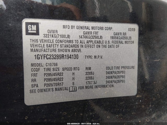 Aukcja sprzedaży 2009 Cadillac Escalade Standard, vin: 1GYFC23289R194130, numer aukcji: 46098429