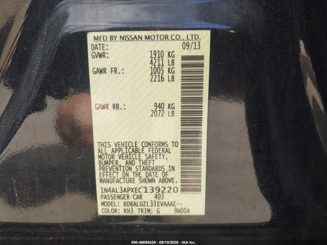 2014 Nissan Altima 2.5 Sv მანქანა იყიდება აუქციონზე, vin: 1N4AL3APXEC139220, აუქციონის ნომერი: 46098430