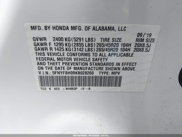 46098438 :رقم المزاد ، 5FNYF8H09KB028260 vin ، 2019 Honda Passport Elite مزاد بيع