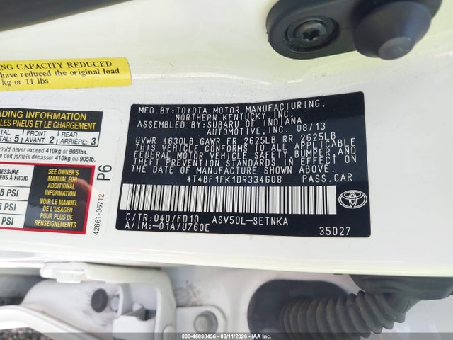 2013 Toyota Camry Le მანქანა იყიდება აუქციონზე, vin: 4T4BF1FK1DR334608, აუქციონის ნომერი: 46098456