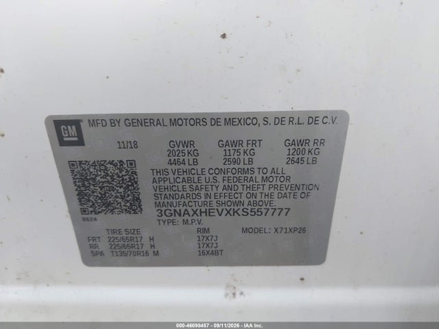 Aukcja sprzedaży 2019 Chevrolet Equinox Ls, vin: 3GNAXHEVXKS557777, numer aukcji: 46098457