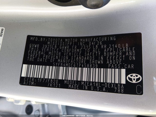 Продаж на аукціоні авто 2026 Toyota Corolla Le, vin: 5YFB4MDE6TP458839, номер лоту: 46098465