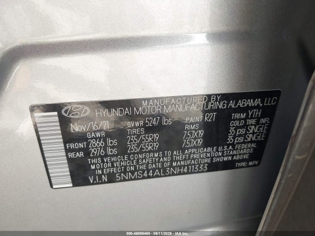 2022 Hyundai Santa Fe Limited მანქანა იყიდება აუქციონზე, vin: 5NMS44AL3NH411333, აუქციონის ნომერი: 46098468