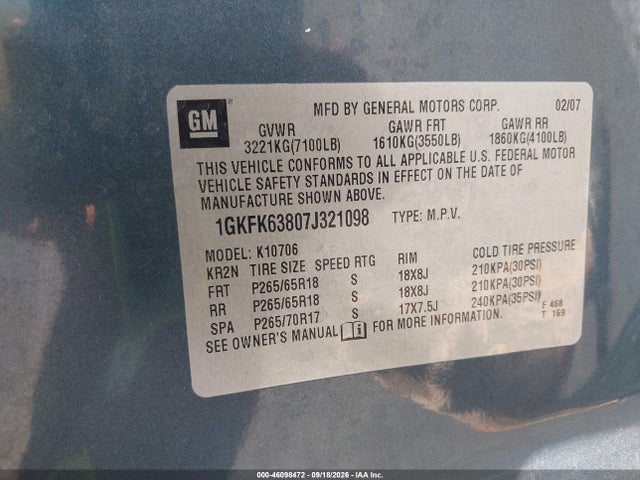 2007 Gmc Yukon Denali მანქანა იყიდება აუქციონზე, vin: 1GKFK63807J321098, აუქციონის ნომერი: 46098472