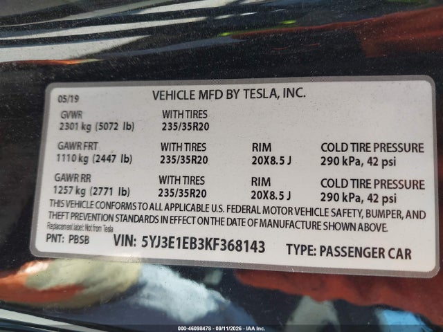 Продажа на аукционе авто 2019 Tesla Model 3 Long Range/performance, vin: 5YJ3E1EB3KF368143, номер лота: 46098478