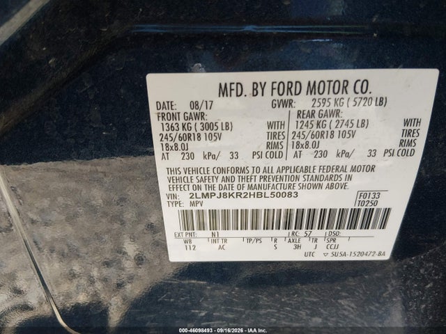 Продажа на аукционе авто 2017 Lincoln Mkx Select, vin: 2LMPJ8KR2HBL50083, номер лота: 46098493