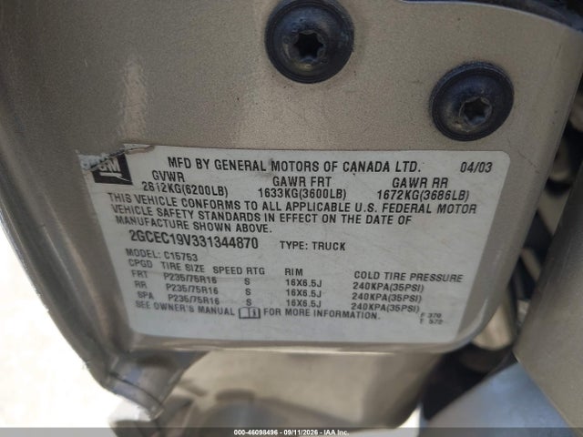 46098496 :رقم المزاد ، 2GCEC19V331344870 vin ، 2003 Chevrolet Silverado 1500 مزاد بيع