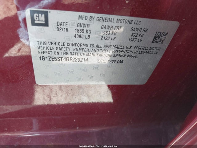46098501 :رقم المزاد ، 1G1ZE5ST4GF229214 vin ، 2016 Chevrolet Malibu 1lt مزاد بيع