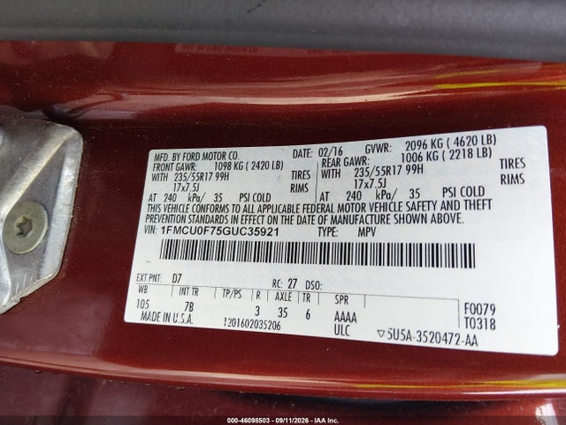 2016 Ford Escape S მანქანა იყიდება აუქციონზე, vin: 1FMCU0F75GUC35921, აუქციონის ნომერი: 46098503