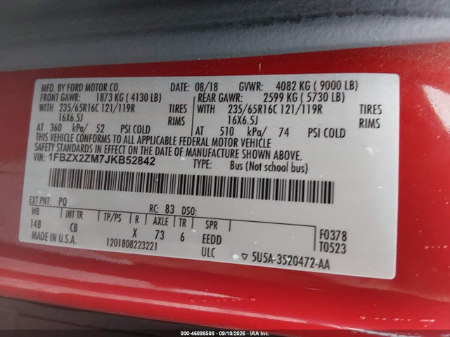 46098508 :رقم المزاد ، 1FBZX2ZM7JKB52842 vin ، 2018 Ford Transit-350 Xl مزاد بيع
