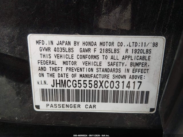 46098524 :رقم المزاد ، JHMCG5558XC031417 vin ، 1999 Honda Accord Ex مزاد بيع