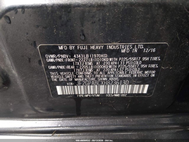 2017 Subaru Crosstrek 2.0i Premium მანქანა იყიდება აუქციონზე, vin: JF2GPABCXH8236130, აუქციონის ნომერი: 46098532