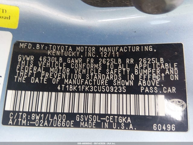 Aukcja sprzedaży 2012 Toyota Camry Se/xle, vin: 4T1BK1FK3CU509235, numer aukcji: 46098542