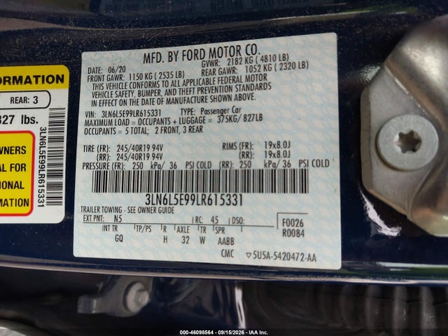 2020 Lincoln Mkz Reserve მანქანა იყიდება აუქციონზე, vin: 3LN6L5E99LR615331, აუქციონის ნომერი: 46098564