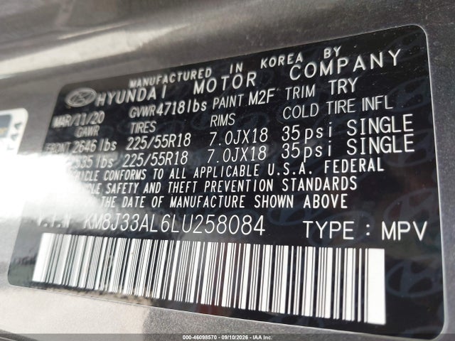 46098570 :رقم المزاد ، KM8J33AL6LU258084 vin ، 2020 Hyundai Tucson Sel مزاد بيع