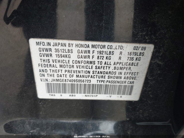 Продажа на аукционе авто 2009 Honda Fit Sport, vin: JHMGE87409S056723, номер лота: 46098571