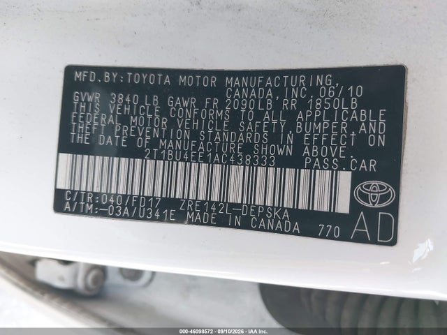 46098572 :رقم المزاد ، 2T1BU4EE1AC438333 vin ، 2010 Toyota Corolla S مزاد بيع