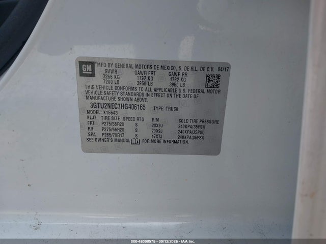 Aukcja sprzedaży 2017 Gmc Sierra 1500 Slt, vin: 3GTU2NEC7HG406165, numer aukcji: 46098575