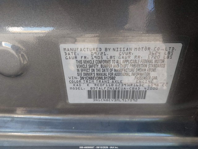 Продаж на аукціоні авто 2021 Nissan Versa Sv Xtronic Cvt, vin: 3N1CN8EV3ML917592, номер лоту: 46098587
