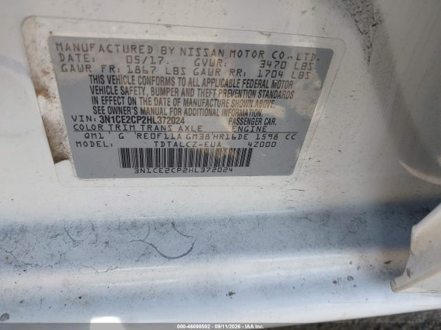 2017 Nissan Versa Note S Plus მანქანა იყიდება აუქციონზე, vin: 3N1CE2CP2HL372024, აუქციონის ნომერი: 46098592