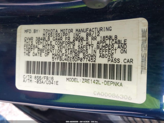 Aukcja sprzedaży 2013 Toyota Corolla Le, vin: 5YFBU4EE5DP077452, numer aukcji: 46098599