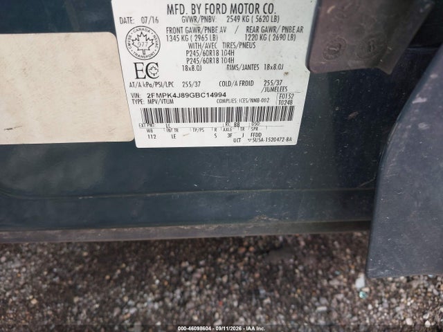Auction sale of the 2016 Ford Edge Sel, vin: 2FMPK4J89GBC14994, lot number: 46098604