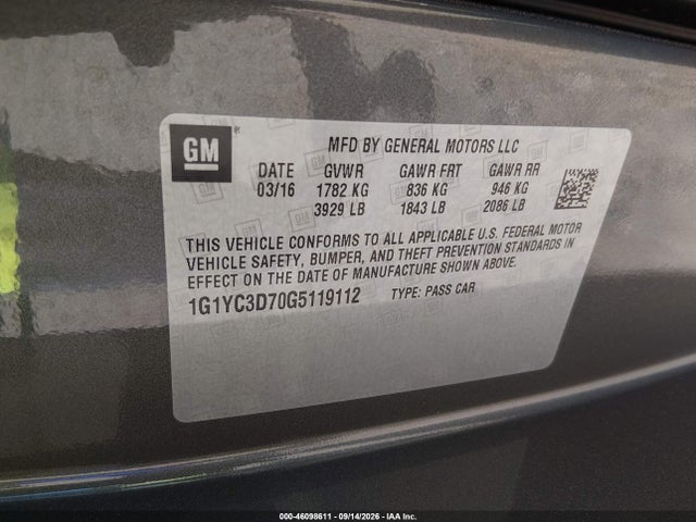 2016 Chevrolet Corvette Stingray მანქანა იყიდება აუქციონზე, vin: 1G1YC3D70G5119112, აუქციონის ნომერი: 46098611