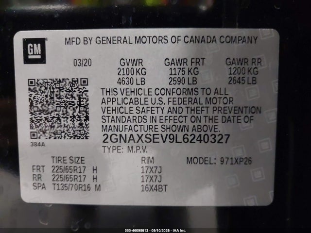 2020 Chevrolet Equinox Awd Ls მანქანა იყიდება აუქციონზე, vin: 2GNAXSEV9L6240327, აუქციონის ნომერი: 46098613