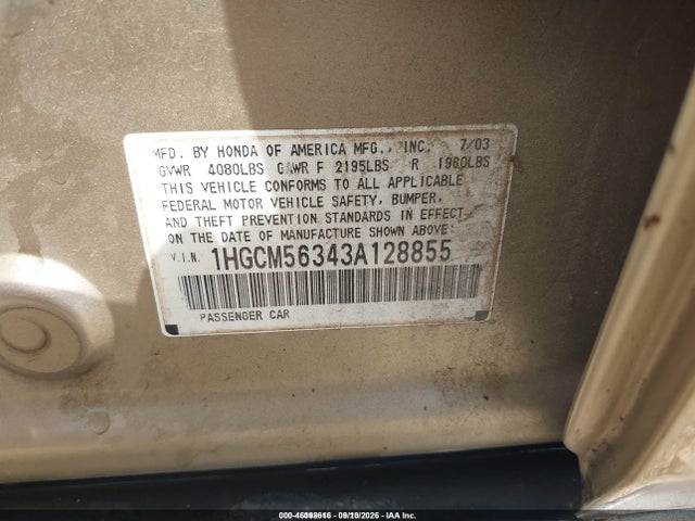 46098616 :رقم المزاد ، 1HGCM56343A128855 vin ، 2003 Honda Accord Sdn Lx مزاد بيع
