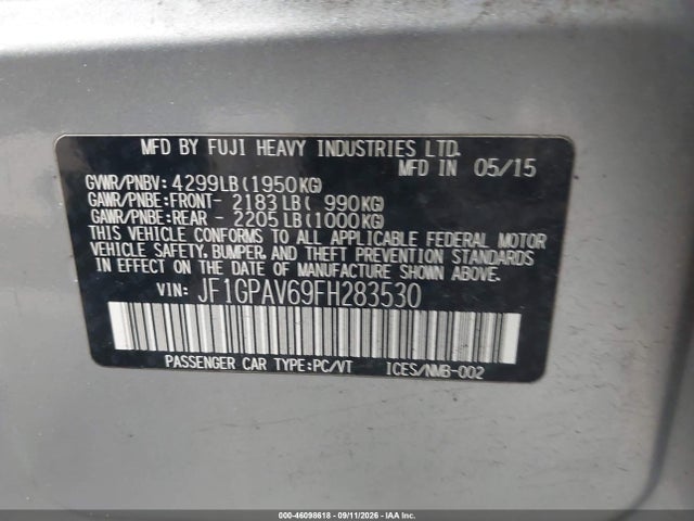 Aukcja sprzedaży 2015 Subaru Impreza 2.0i Sport Limited, vin: JF1GPAV69FH283530, numer aukcji: 46098618