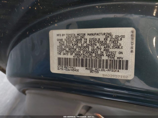 Продажа на аукционе авто 2000 Toyota Sienna Xle, vin: 4T3ZF13C5YU270625, номер лота: 46098635