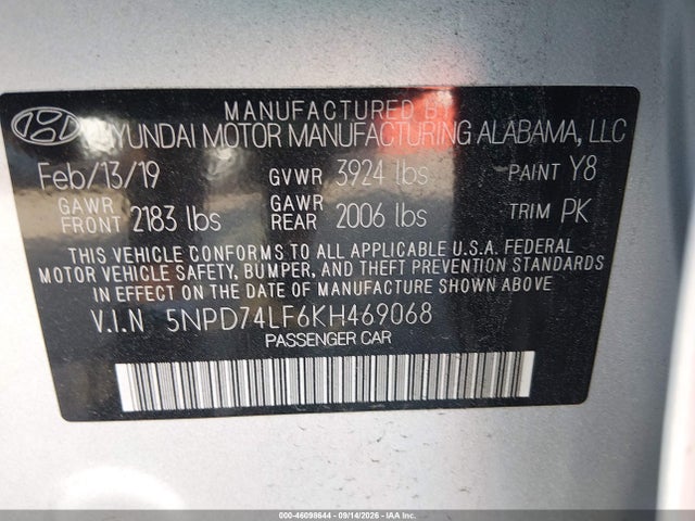 46098644 :رقم المزاد ، 5NPD74LF6KH469068 vin ، 2019 Hyundai Elantra Se مزاد بيع