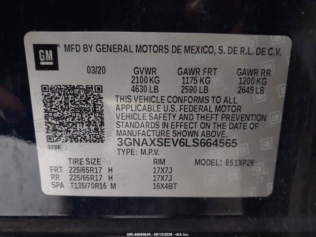 Продажа на аукционе авто 2020 Chevrolet Equinox Awd Ls, vin: 3GNAXSEV6LS664565, номер лота: 46098649